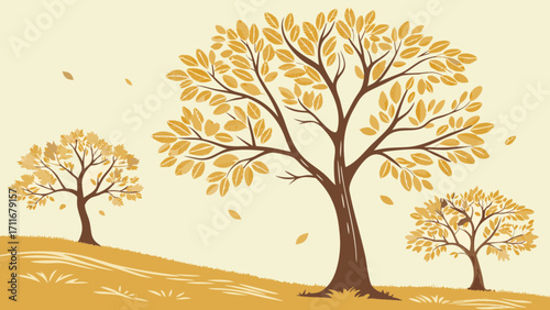 Illustration of three trees with golden leaves on a hillside in an autumn landscape scene design
