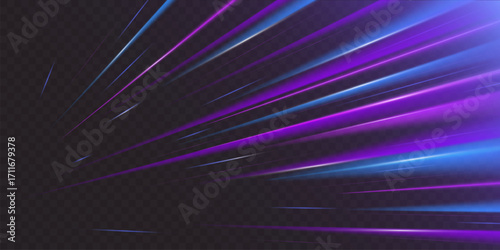 Speed ray anime lines with purple and blue streaks on dark background for action scenes. Dynamic motion beams with neon glow for manga or gaming effects. Futuristic travel bg with energy bursts .
