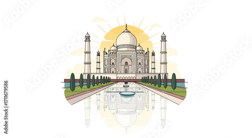 Taj Mahal illustration, a majestic architectural marvel of India, showcasing intricate design, symmetry, and serene reflections in water, under a warm sun