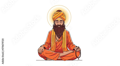 Illustration of a meditating guru in saffron robes, seated cross-legged with a halo, reflecting peace, spirituality, and religious devotion, suitable for spiritual and religious themed content