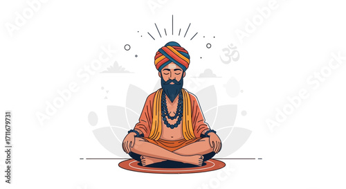 Illustration of a meditating Sikh man in traditional attire, radiating peace, sitting cross-legged, with lotus flower and Om symbol, emphasizing spirituality and calmness
