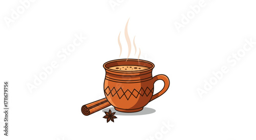 Delicious, aromatic chai tea in a rustic ceramic mug, with a cinnamon stick and star anise, perfect for a cozy morning or afternoon break. Enjoy the spiced warmth