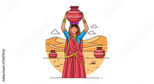 Indian woman in traditional attire carrying a water pot on her head against a backdrop of desert dunes and other pots, a cultural representation