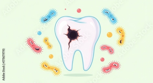 Cartoon illustration of a tooth with a large cavity surrounded by bacteria.