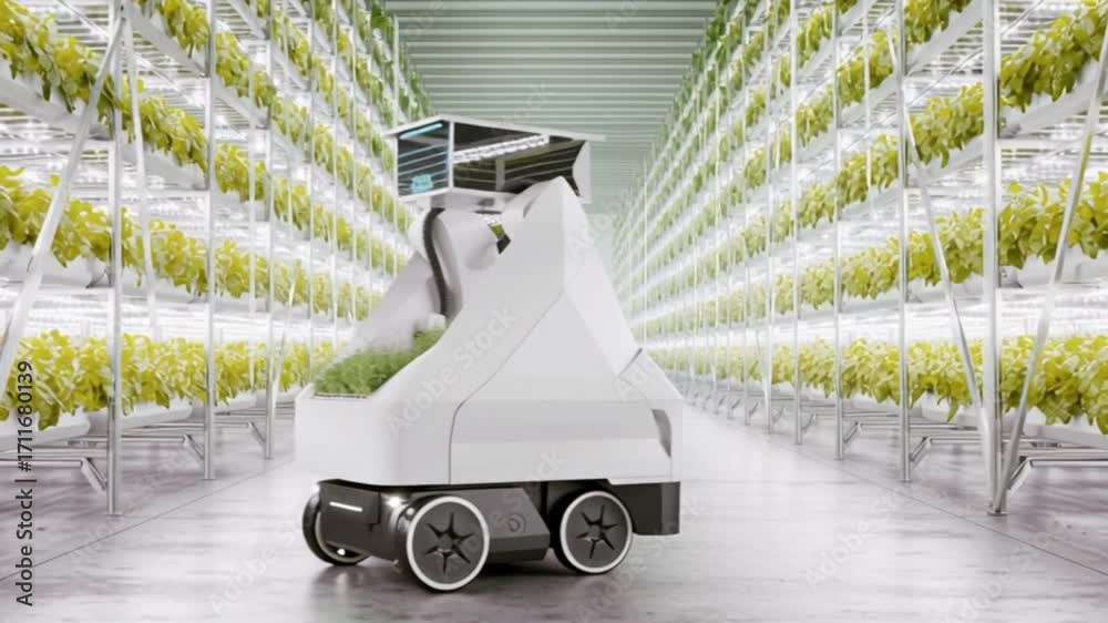 4K of autonomous agricultural robots operating inside futuristic ...