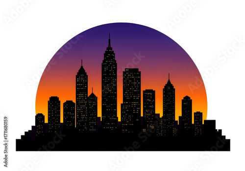 Silhouette of city skyline at sunset.
