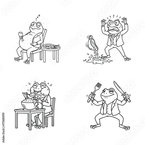 A frog character set showing emotions related to eating. A cartoon animal is hungry full after a meal has an accident and eats greedily.