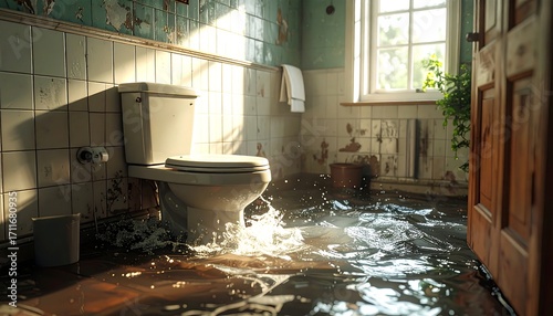 Flooded bathroom interior
