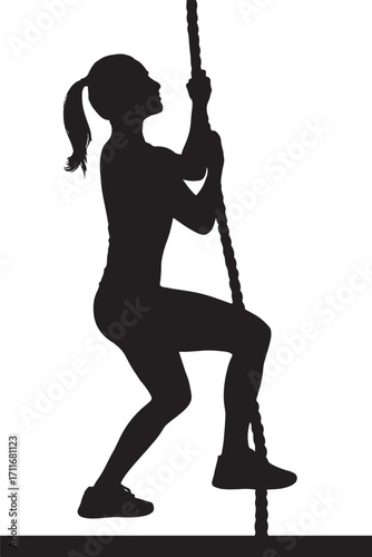 Black silhouette of a young woman climbing a thick rope against a white background girl