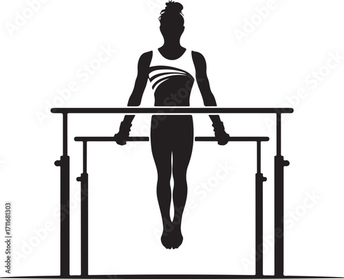 Female gymnast silhouette on parallel bars in black and white gymnastics woman