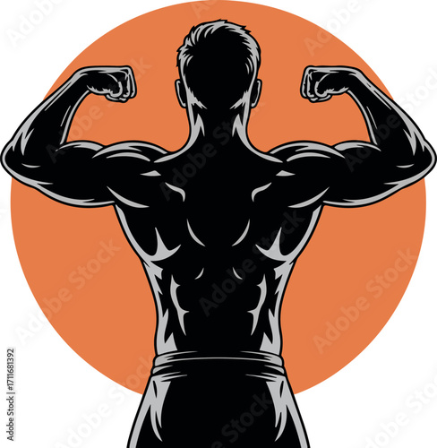 Muscular man flexing back muscles against orange circle graphic male bodybuilder