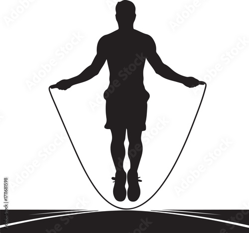 Silhouette of a man jumping rope with arms outstretched against a white background skipping exercise