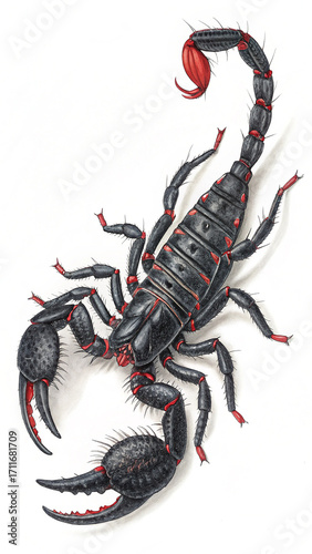 Black Scorpion Illustration with Red Accents and Raised Tail