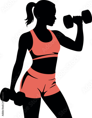 Silhouette of a woman in coral workout clothes lifting dumbbells woman silhouette fitness