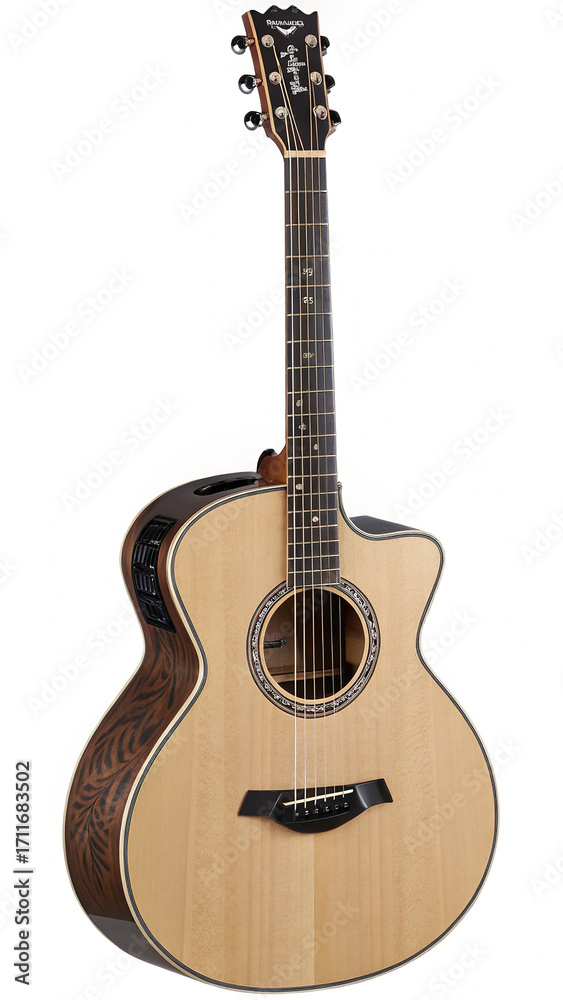 Naklejka premium Acoustic guitar with natural wood body dark fretboard and decorative inlay