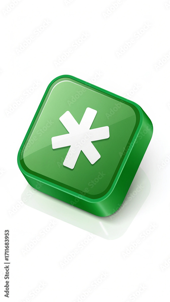 Obraz premium Green Square Button with White Asterisk Symbol on White Background 1