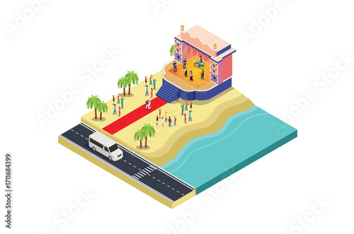 Isometric music event festival on a beach with blue sea, highway and parked vehicles in a row, 3d concept of isometric view of concert party background and stage landscape.