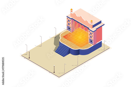 Illustration Isometric of a Music Event stage, 3d Concept Isometric View of Concert Party Background and Stage Landscape.