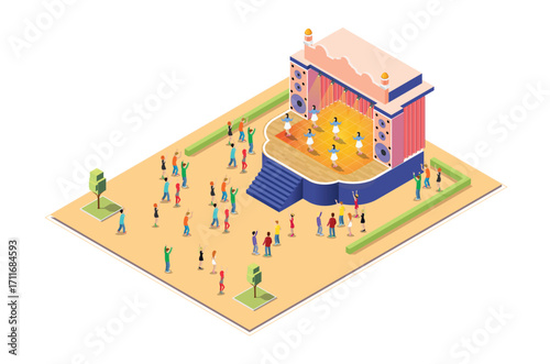 Illustration enjoy the dance performance Concept 3d Isometric View Concert Party Elements Landscape Background and Stage. Vector illustration of Musical Event