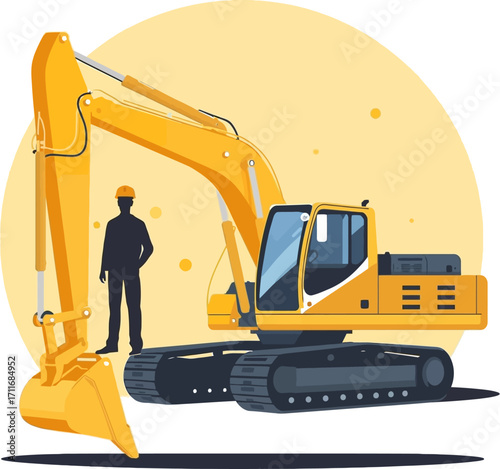 Yellow excavator next to a construction worker silhouette. Suitable for construction company websites, promotional materials, and presentations.