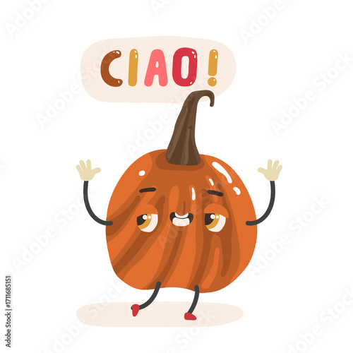 Vector illustration cute funny character pumpkin with a ciao quote, on a white background.
