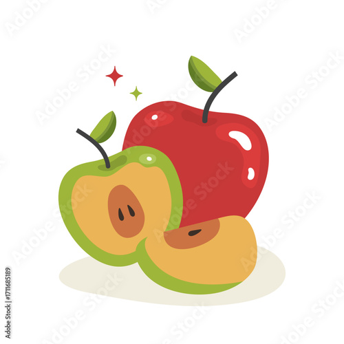 Vector illustration of a red whole apple and two sliced green apples, print for children tshirt, card, poster concept.