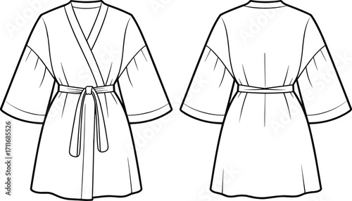 Belted kimono short robe technical drawing, fashion flat sketch template, front back view, vector outline, CAD apparel design