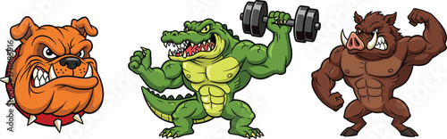 Cartoon animal mascot illustration, strong bulldog head, muscular alligator lifting dumbbell, powerful wild boar flexing muscles, aggressive beast character design
