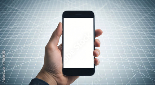 Wallpaper Mural Hand Holding Smartphone with Blank White Screen on Grid Background Torontodigital.ca