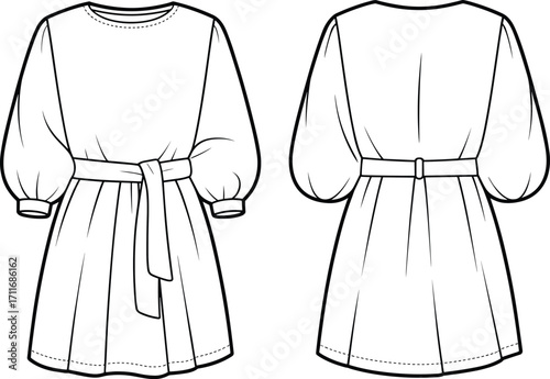 Belted mini dress fashion flat sketch, long sleeve puff dress vector template, stylish women’s apparel CAD design, front and back