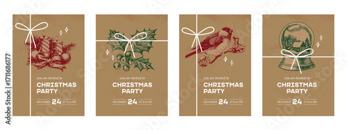 Christmas invitation cards with hand drawn holiday sketches. Festive mood, elegant vintage style. Vector illustration.