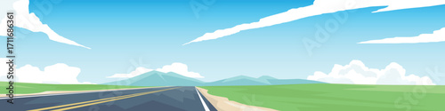 Hirizontal or Landscape of straight path ahead of the asphalt road. Wide open area of ​​green fields on the hills. Clouds in the background under the blue sky as a banner background.