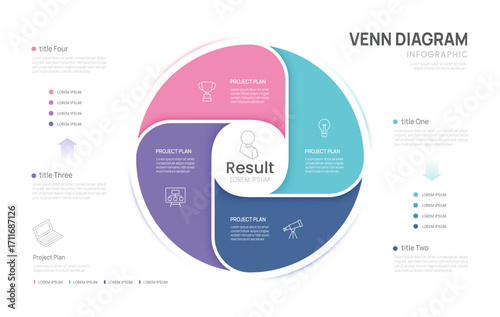 Venn diagram infographic chart template for business 4 options presentation with icon elements vector illustration.