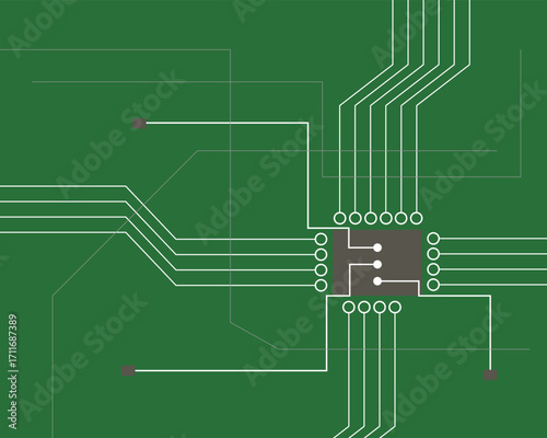 Minimalist illustration of an electronic circuit board with green background, showing microchip connections and white lines representing pathways of technology and digital communication.
