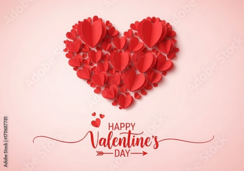 Beautiful heart shape made of red rose petals with happy valentines day text