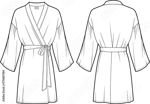 Belted women’s kimono robe with wide sleeves, front and back flat sketch, minimalist fashion design, CAD vector illustration