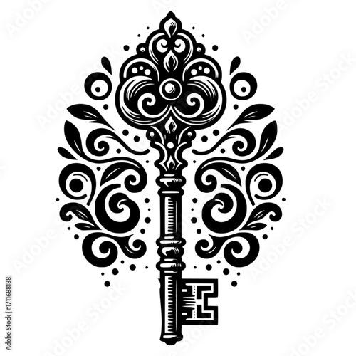 Vintage key in black and white vector icon with transparent background 