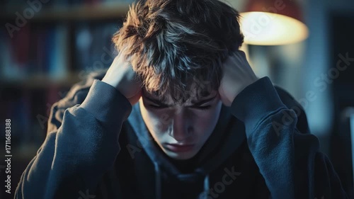 In a dimly lit room, a troubled school boy sits at his desk, overwhelmed by feelings of isolation. His hands grip his head in despair as he faces the harsh realities of cyberbullying.