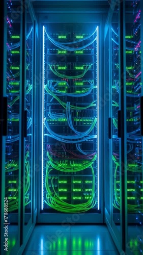 Server Room with Blue and Green Lights.