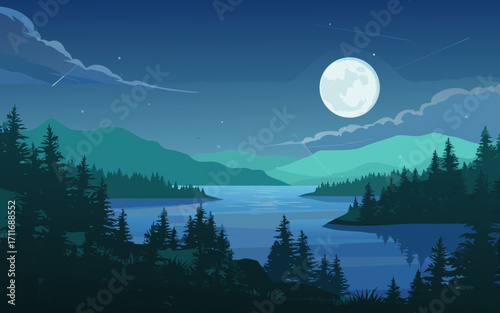 Scenic Night Landscape with Full Moon Over Serene Lake and Pine Forest