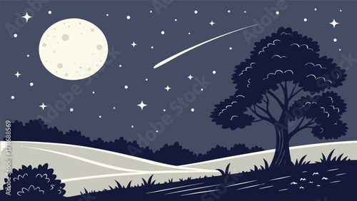 Serene Night Landscape with Moon, Shooting Star, and Silhouetted Tree