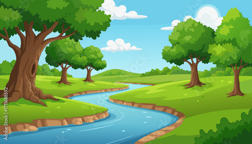 Illustration of a Serene Riverflow in a Lush Green Forest Landscape