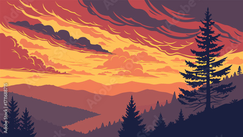 Majestic Mountain Landscape with Vibrant Sunset and Silhouetted Trees