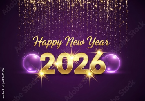 Golden happy new year 2026 with purple glitter and balloons