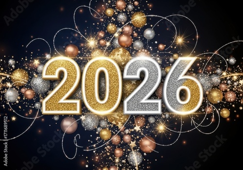 Sparkling new year 2026 celebration with glowing lights and festive bokeh effects