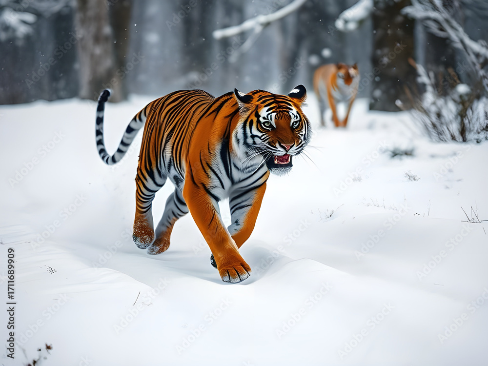 Obraz premium A striking tiger with vivid orange and black stripes stalks through a snowy forest, its powerful stride creating a path in the fresh powder
