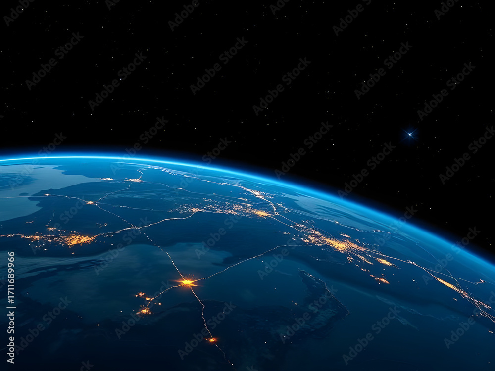 Fototapeta premium A stunning aerial view of Earth from space, showcasing a prominent curve of the planet with glowing city lights forming intricate networks across continents