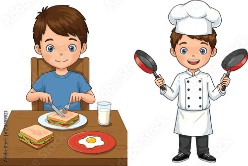 Cartoon boy eating sandwich, young chef character, kid cooking with pans, child breakfast illustration, food preparation boy, cute kitchen cartoon, vector children clipart