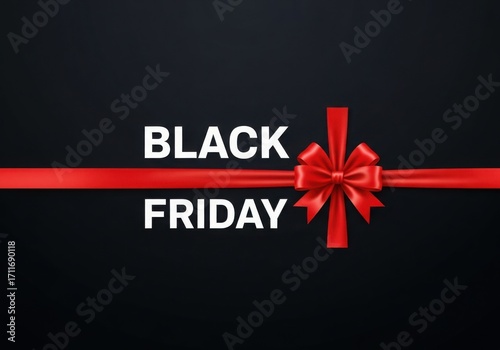 Bold black friday text with a luxurious red ribbon and bow on a dark background