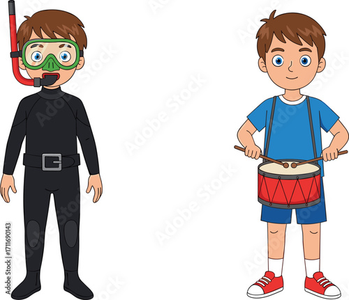 Cartoon boy in wetsuit, snorkeling gear, music boy with drum, kids activity, underwater diving, musical performance, colorful character illustration